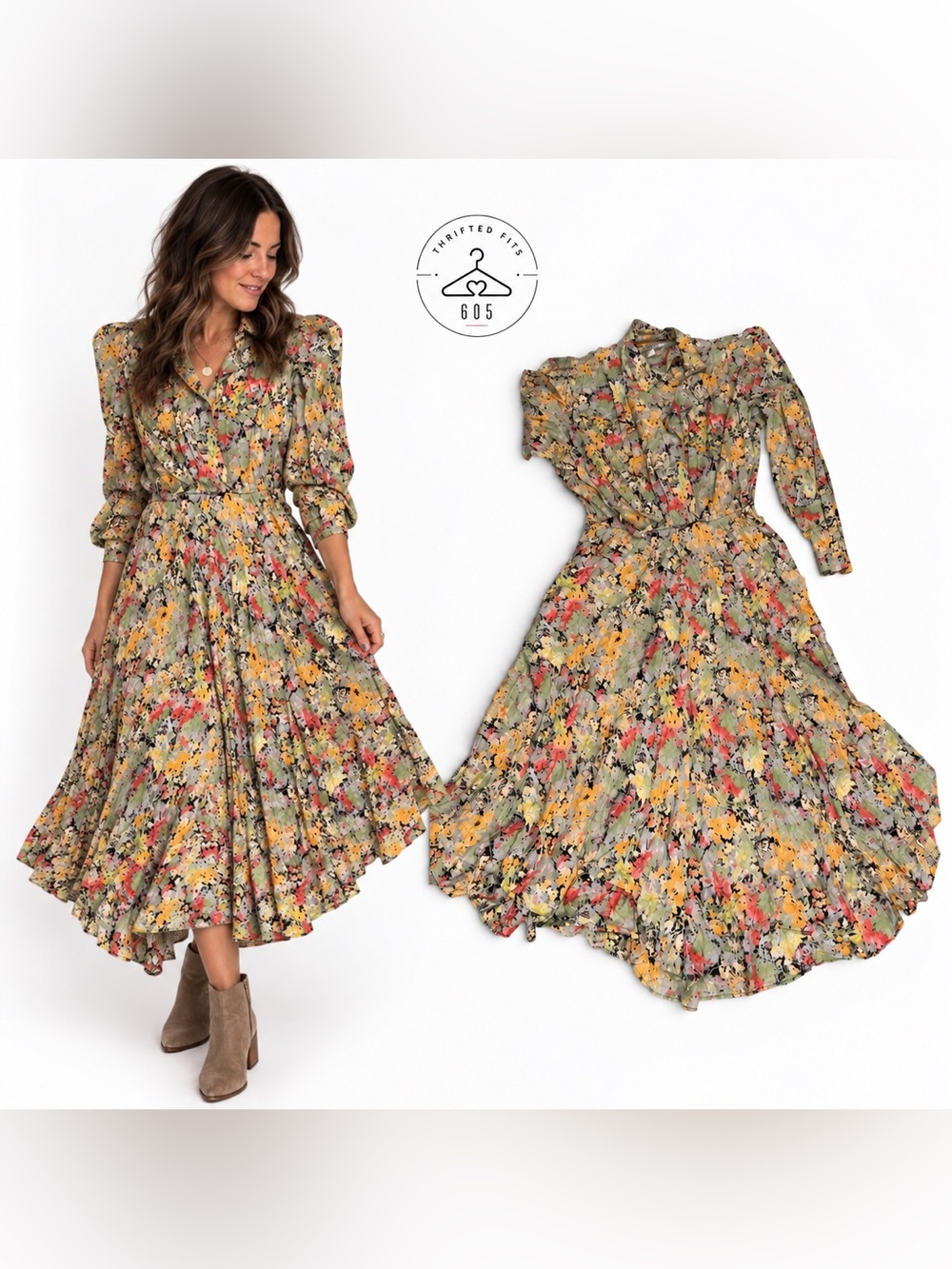 Vintage Long-Sleeve w/pockets Floral Maxi Dress in Yellow & Green